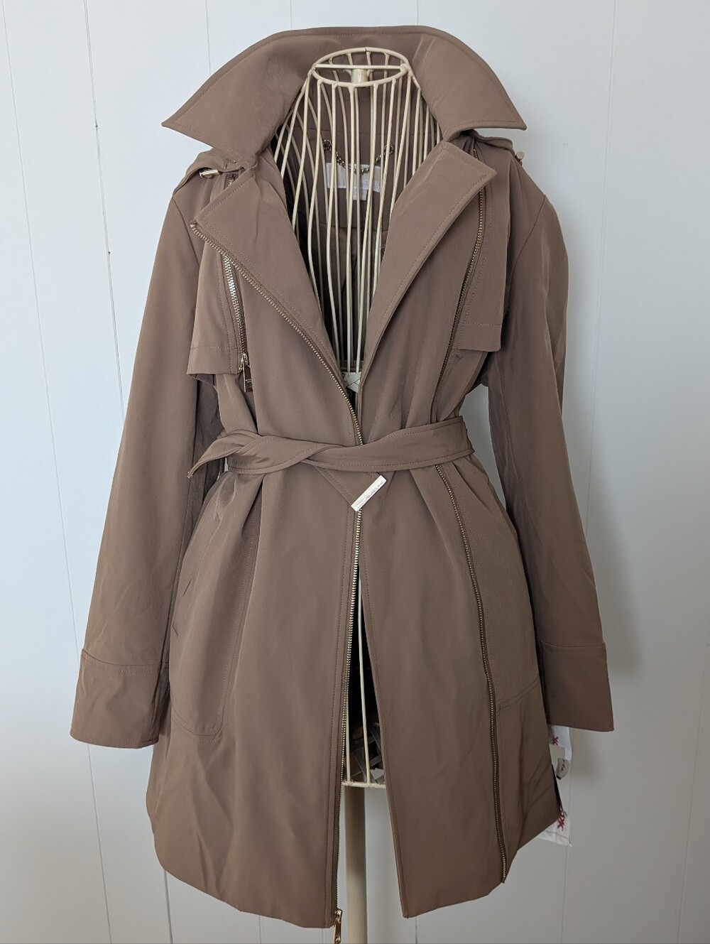 NWT Michael Kors Taupe Belted Trench Coat with Detachable Hood Size S